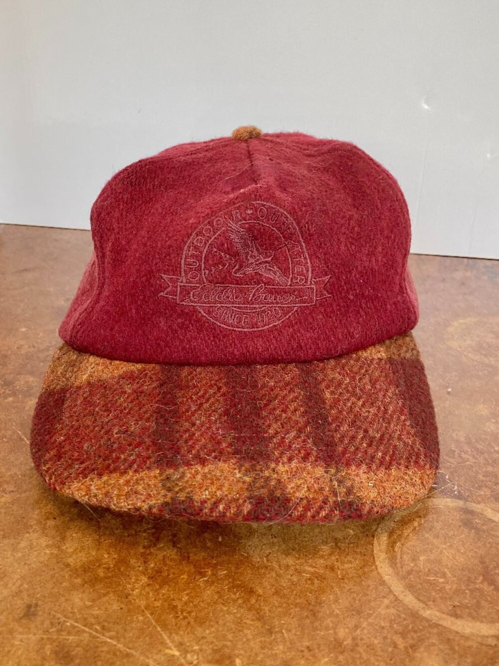 1990s Eddie Bauer Wool Hat Distressed Burgundy Plaid Outdoor Baseball Cap